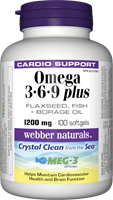 Webber Mega 3-6-9 Plus,高效力, 亚麻籽油+鱼油+琉璃苣油，1200毫克，100粒软胶囊  3359
